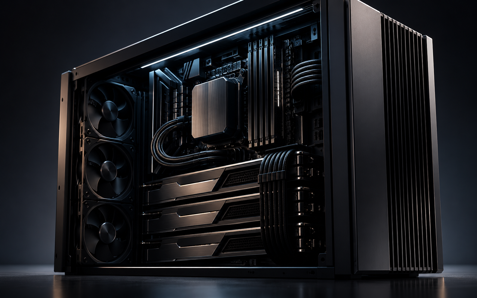 A high-end gaming or workstation desktop computer with an open side panel showing internal components like cooling fans, heatsinks, and cables, all in black and metallic colors.