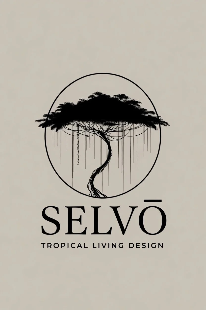Logo for SELVÒ Tropical Living Design, featuring a stylized tree with hanging roots inside a circle.