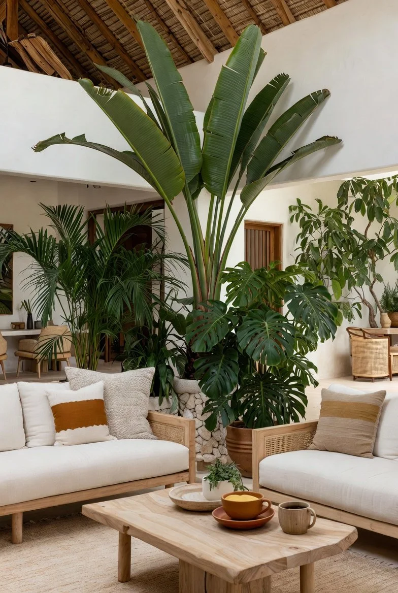 Cozy living room with large indoor tropical plants, including a banana plant and a monstera, surrounded by a white sofa with beige and white pillows, a wooden coffee table with cups and greenery, and additional plants on the background, with a high thatched roof ceiling.