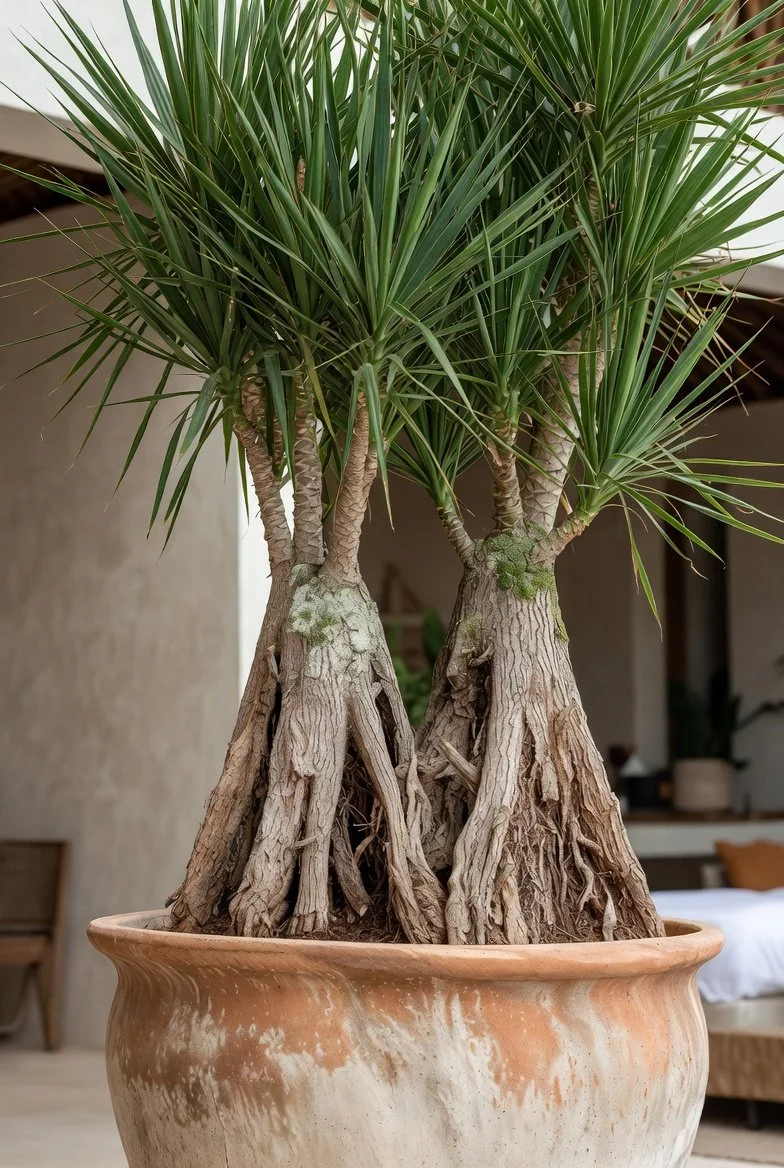A large potted plant with multiple thick, woody stems and long, narrow green leaves, located indoors.