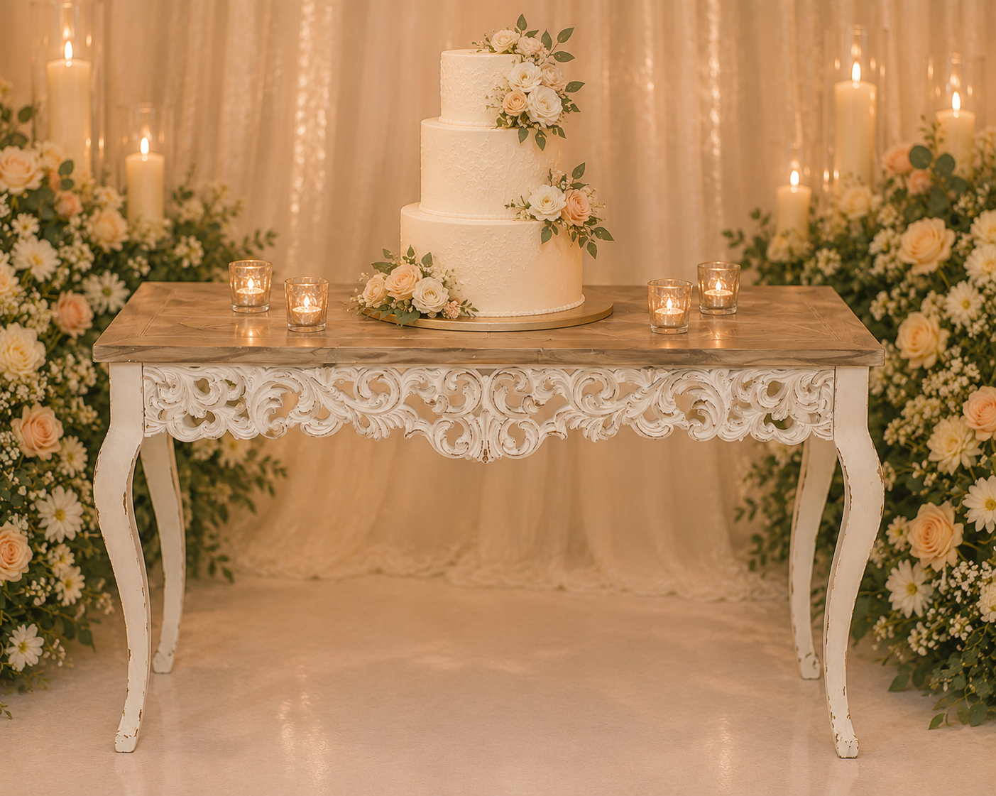 Three-tiered white wedding cake decorated with white and pale pink roses and green leaves, displayed on a vintage cream-colored ornate table with candles and surrounded by floral arrangements of white daisies and pale pink roses in a warmly lit setting.