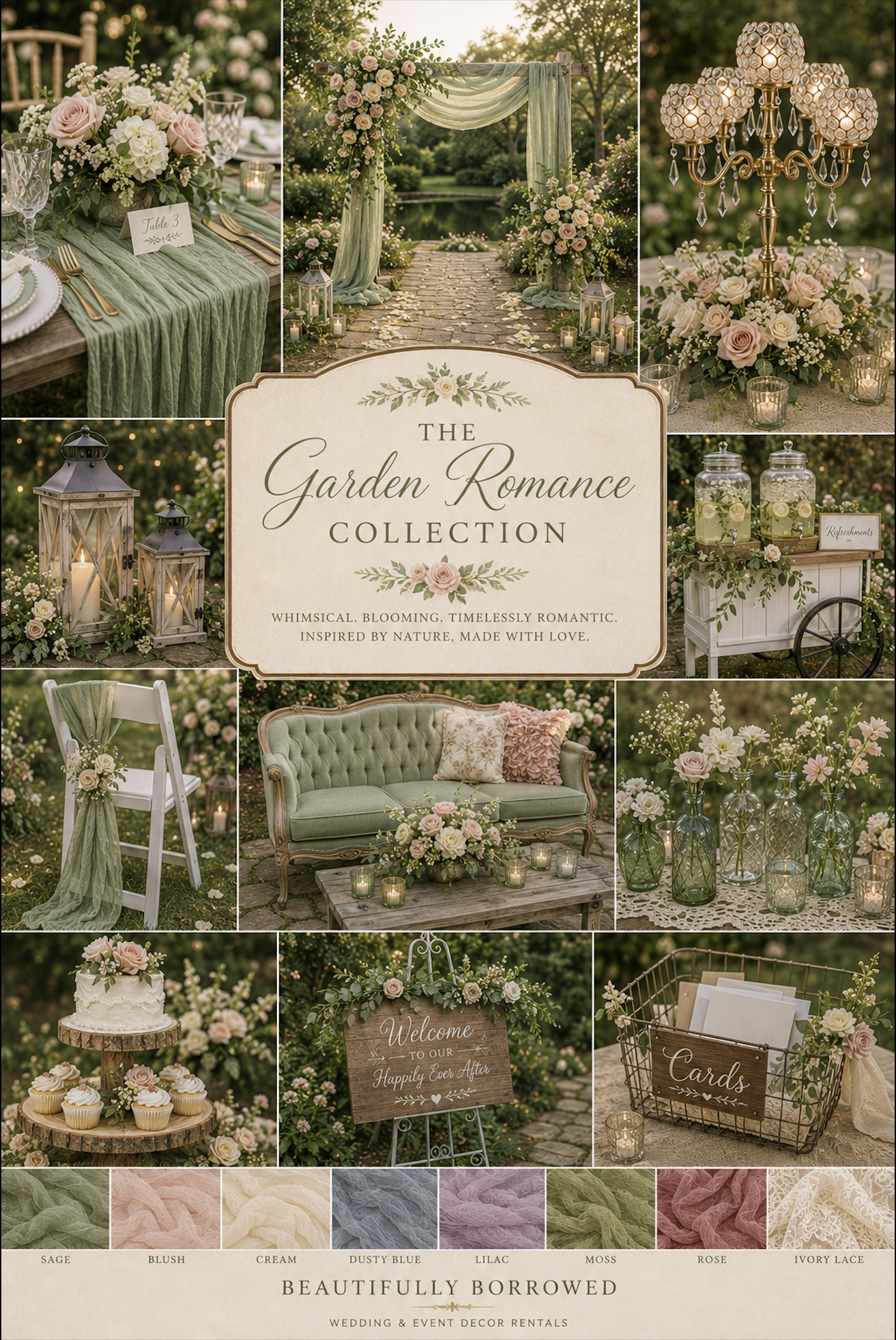 A collage of wedding and event decor inspired by a garden, featuring floral arrangements, candles, lanterns, a wedding arch, vintage furniture, a cake, a welcome sign, a card basket, and color swatches of fabric textures in soft pastel shades.