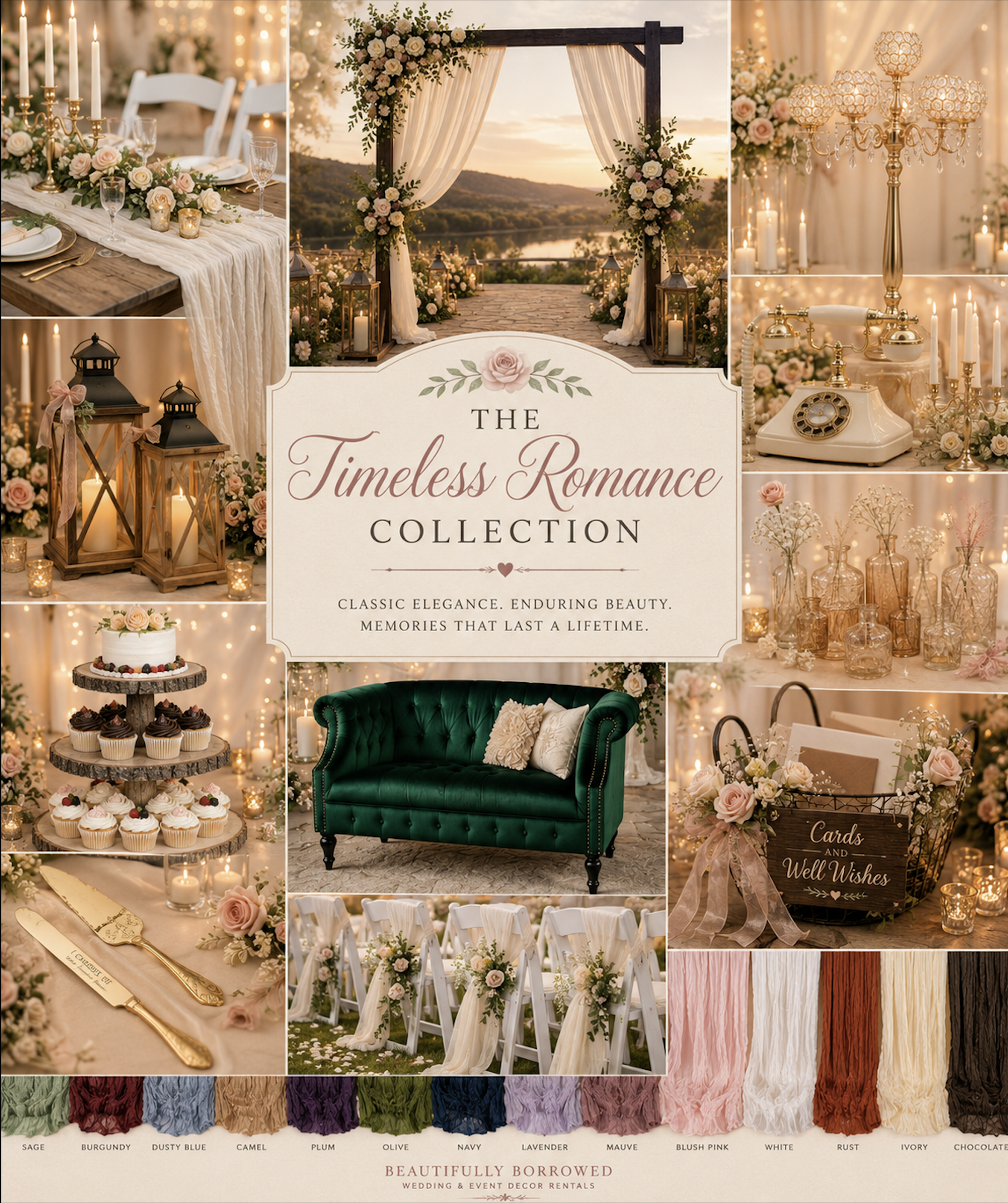 Collage of wedding decor with flowers, candles, vintage phone, cake, and chairs. Central text reads 'The Timeless Romance Collection' with subtitle 'Classic Elegance, Enduring Beauty, Memories That Last a Lifetime.' Bottom displays swatches of fabric in sage, burgundy, dusty blue, camel, plum, olive, navy, lavender, mauve, blush pink, white, rust, ivory, chocolate.