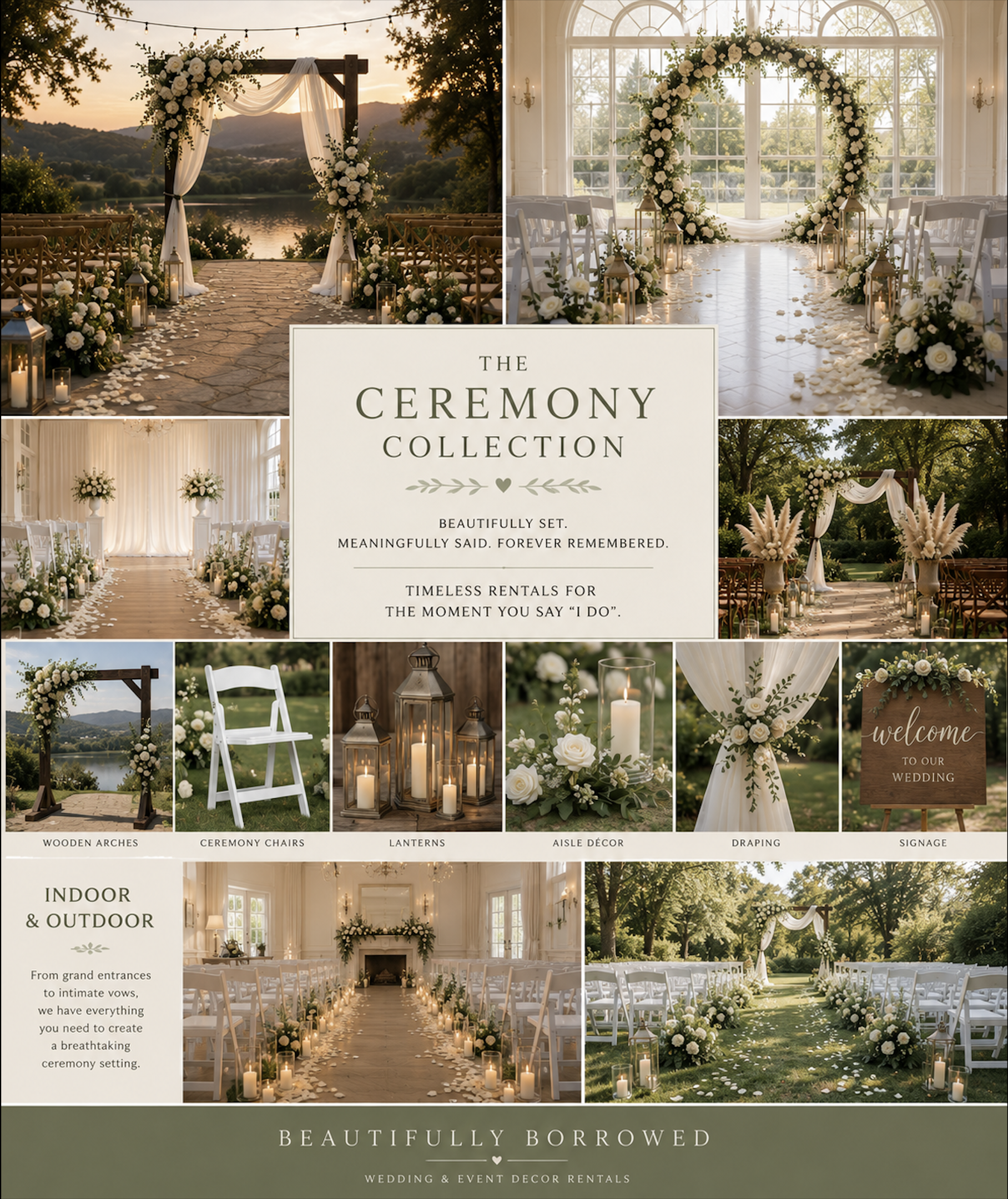 Collage of wedding ceremony decorations including an outdoor altar with white flowers, lanterns, and a floral arch, and an indoor aisle decorated with flowers and candles. The text reads 'The Ceremony Collection' and describes rental options for wedding decor.