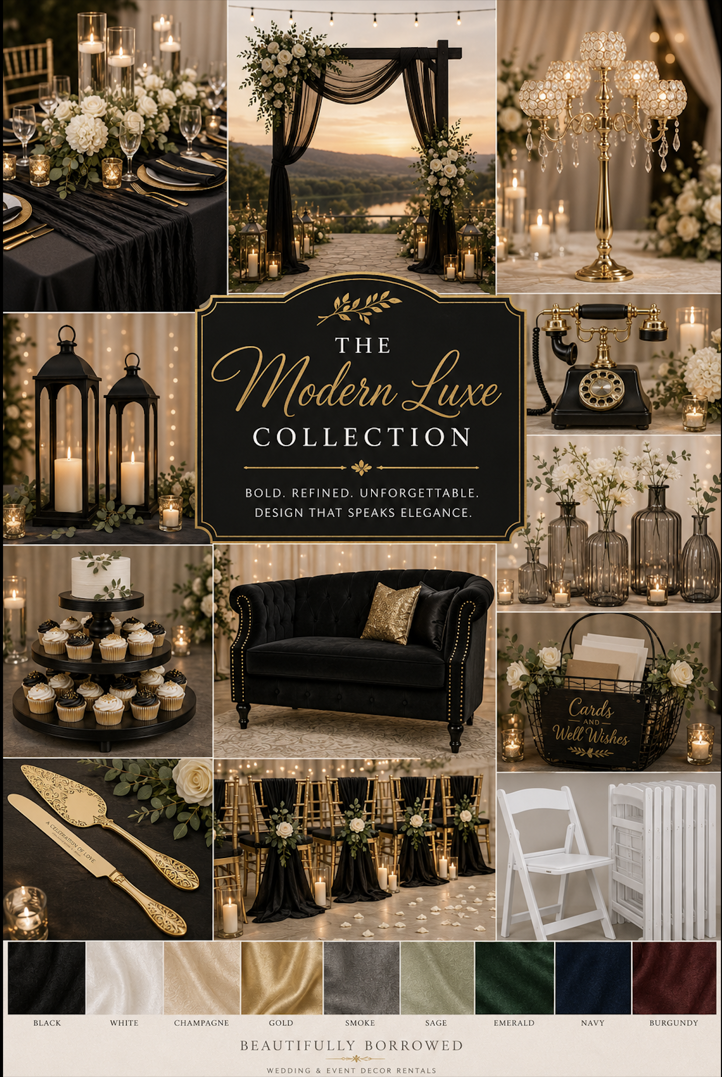 Collage of elegant wedding and event decor with black, white, gold, and neutral tones, featuring floral arrangements, candles, vintage phone, cupcake stands, chairs, and fabric swatches.