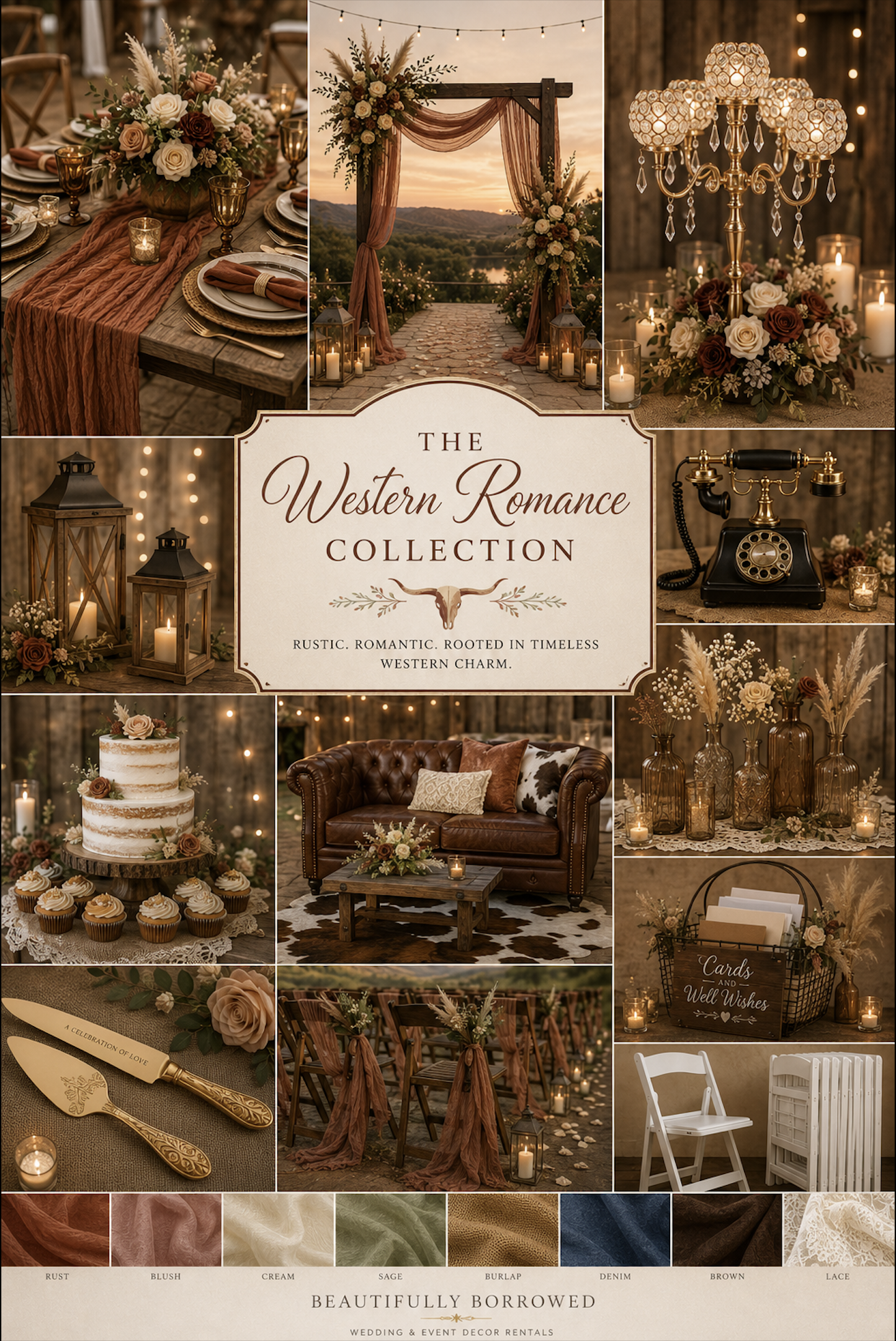 A collage showcasing rustic Western-themed wedding and event decor, including floral centerpieces, candles, lanterns, a sunset archway, vintage telephone, cakes, cupcakes, wedding accessories, seating, and fabric swatches in earth tones.
