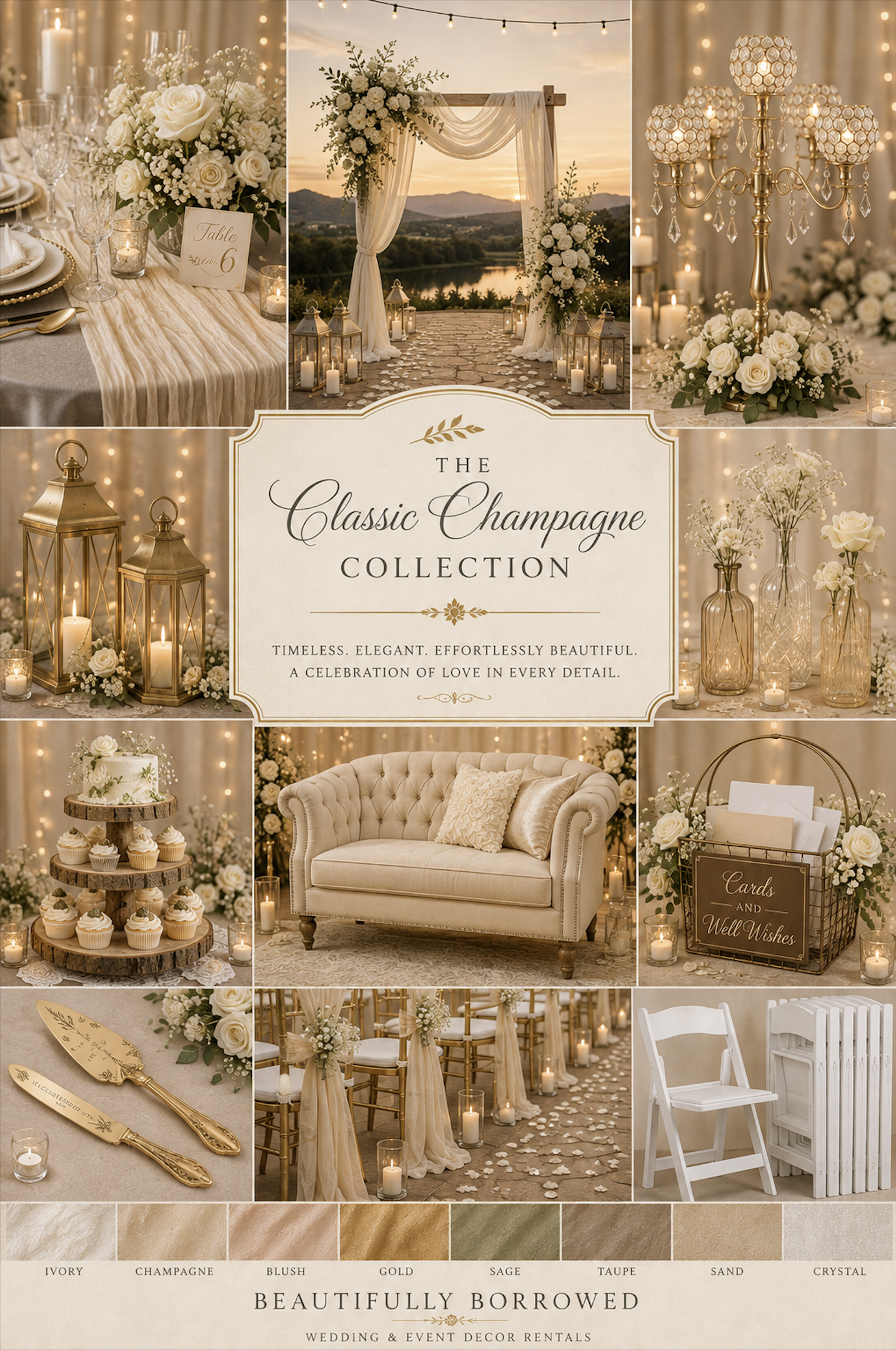 Collage of wedding decor with flowers, candles, lanterns, elegant furniture, and table settings in ivory, champagne, gold, and blush tones, with a central sign reading 'The Classic Champagne Collection' for a wedding or event.