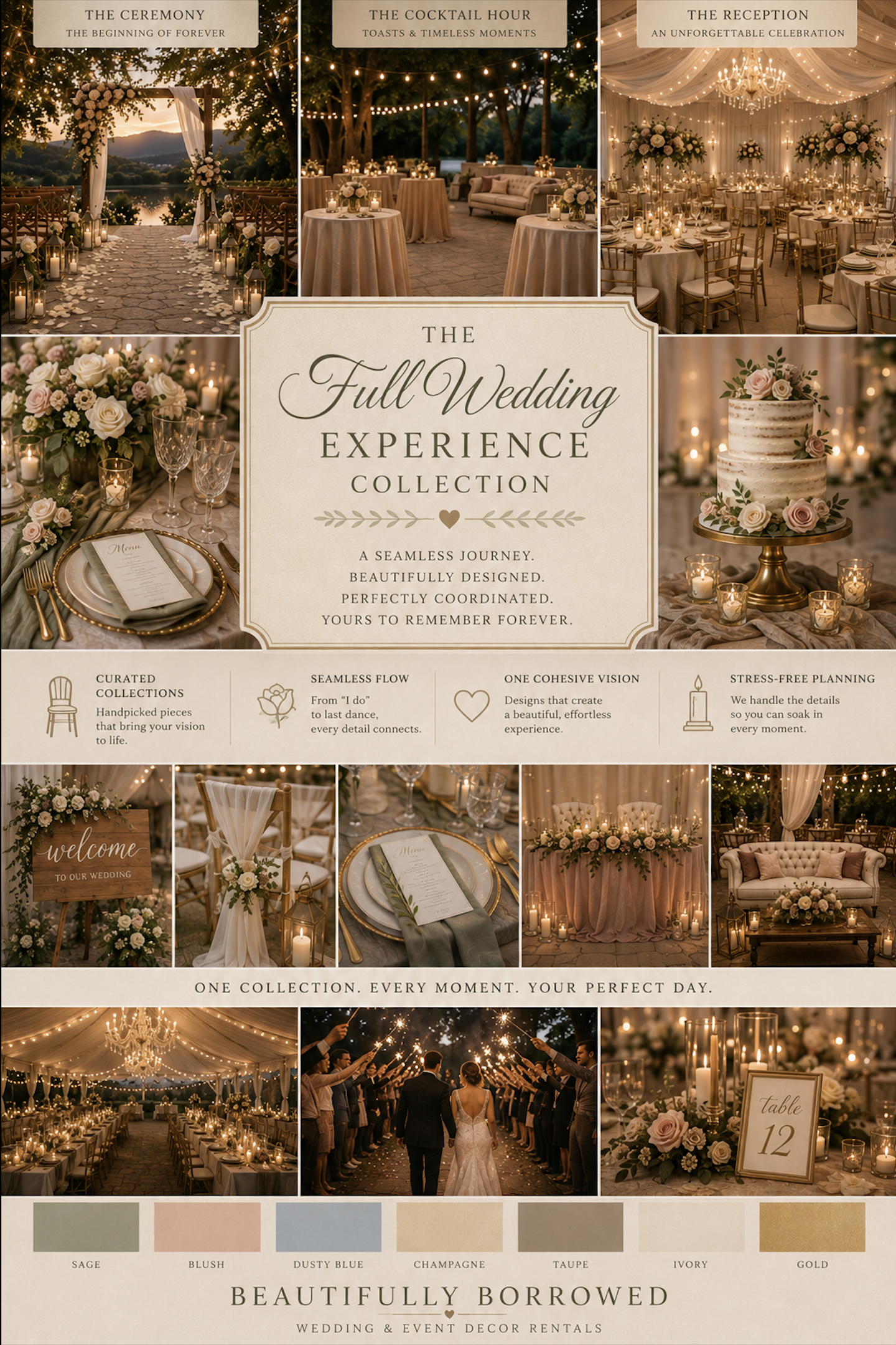 Collage of wedding decor and scenes, including an outdoor ceremony with an arch and rose petals, cocktail tables with candles, an indoor reception hall with chandeliers and floral arrangements, a close-up of a floral centerpiece with candles, a wedding cake with roses, decorated tables with framed table numbers, a bride and groom walking among guests at night, and long dining tables with candles. The page promotes full wedding experience collection and event decor rentals in elegant, warm tones.