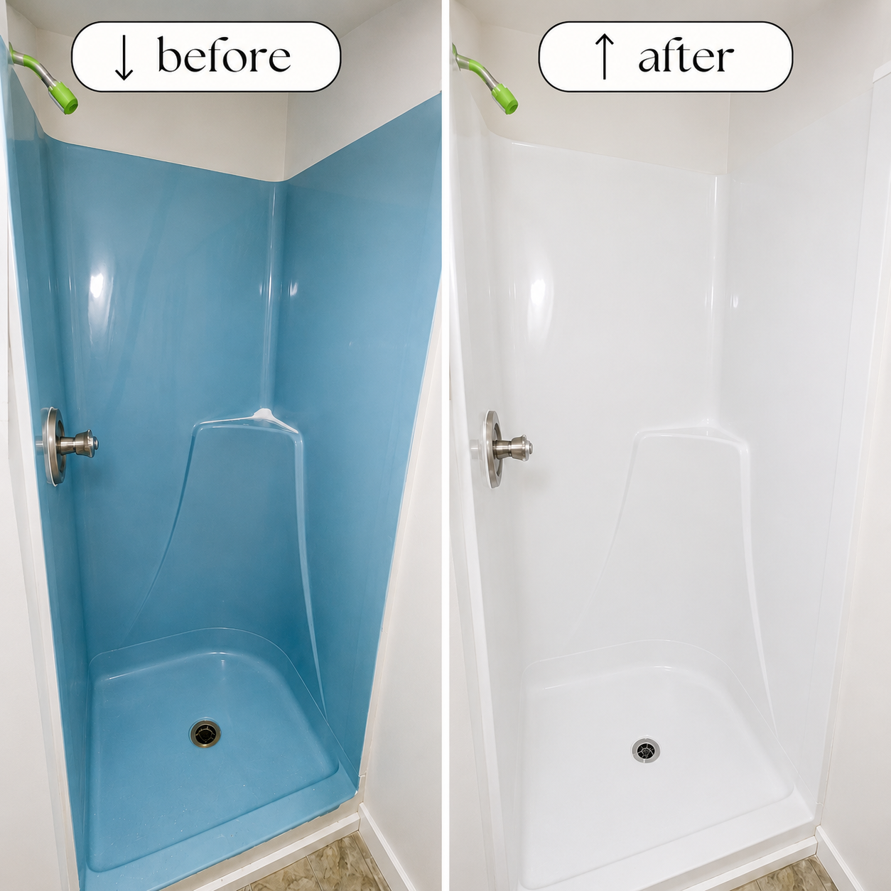 Comparison of a shower before and after cleaning. The left side shows a blue shower with soap scum and stains, labeled 'before.' The right side shows the same shower now clean and white, labeled 'after.'