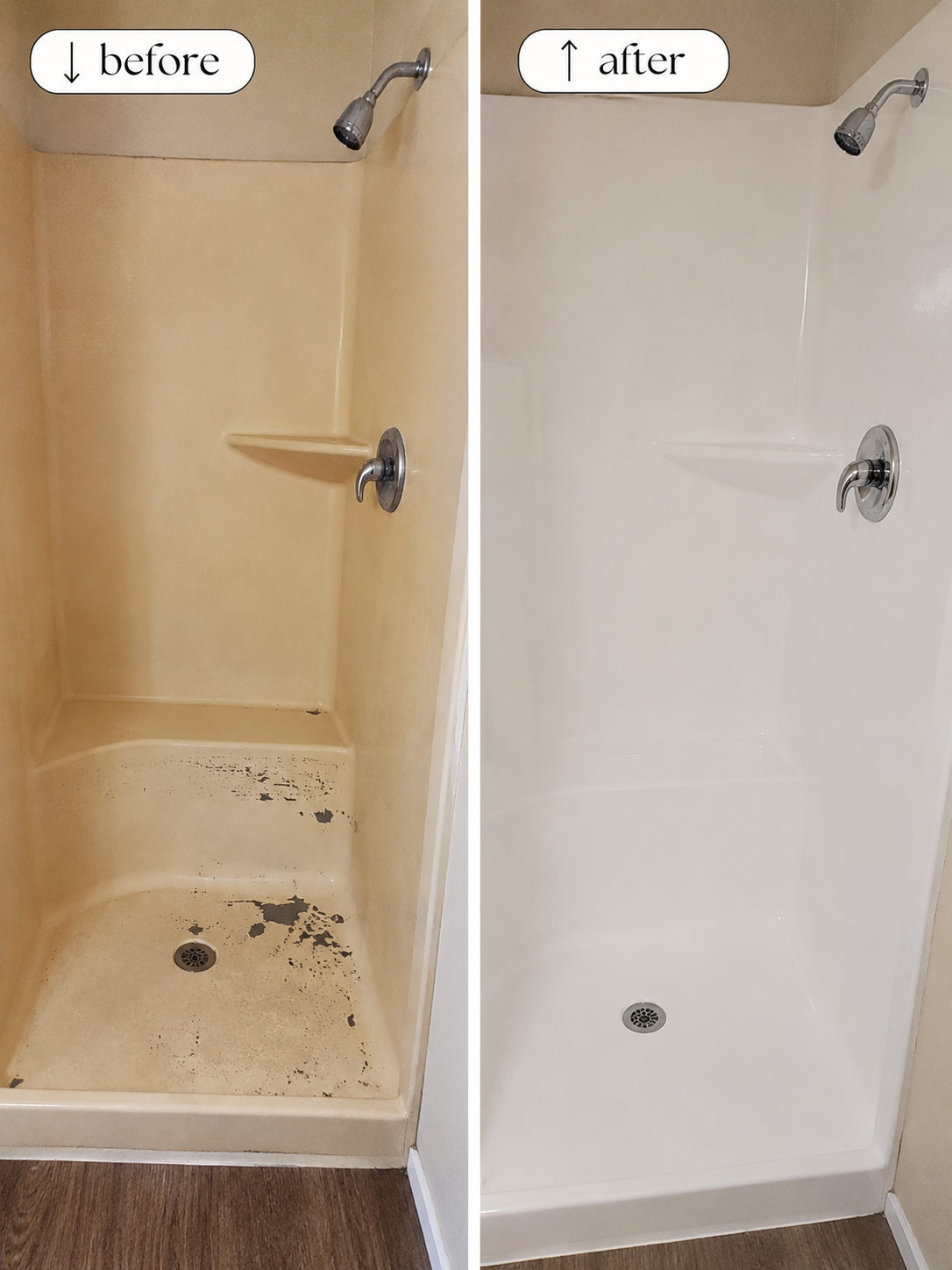 Side-by-side comparison of a shower before and after cleaning. The 'before' shows a yellow shower with dirt and black mold stains, while the 'after' shows a clean, white shower with no stains.