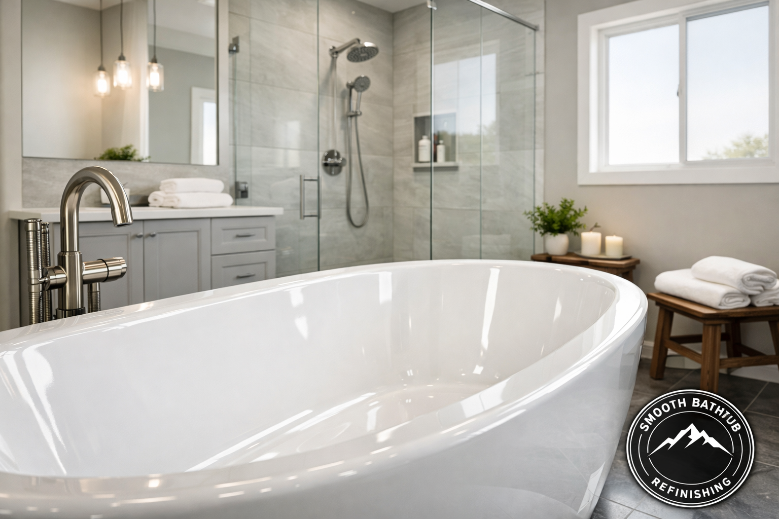 Modern bathroom featuring a freestanding white bathtub with a chrome faucet, a glass-enclosed shower with rainfall and handheld showerheads, a vanity with gray cabinetry, towels, a mirror, and decorative candles and plants near a window.