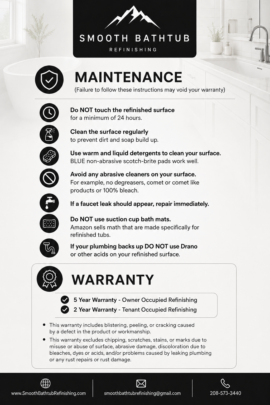 Instruction sheet for Smooth Bathtub Refinishing detailing maintenance, warnings, and warranty information with icons, including advice not to touch the surface, clean regularly, and avoid abrasive cleaners, along with warranty details.