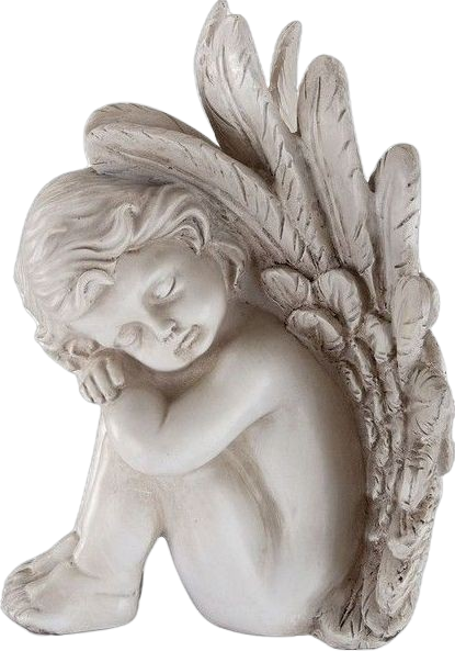 A white sculpture of a sleeping angel with feathered wings, seated with her head resting on her arm.