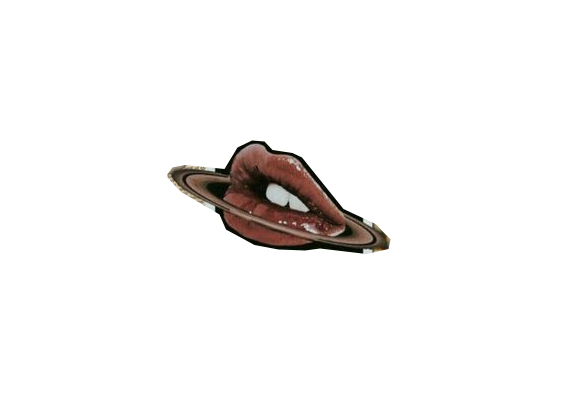 A surreal illustration blending a mouth with lips, teeth, and tongue with the planet Saturn's rings, creating a hybrid of a mouth and a planetary ring.