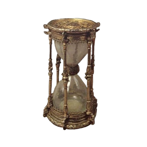 An ornate antique hourglass with a gold-colored frame and glass bulbs showing some sand inside.