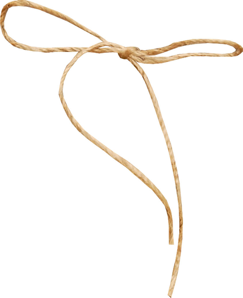 Piece of yellow tape or paper with a brown string tied in a bow on top.