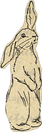 Drawing of a human figure with a rabbit head, making a peace sign with the right hand and standing against a black background.