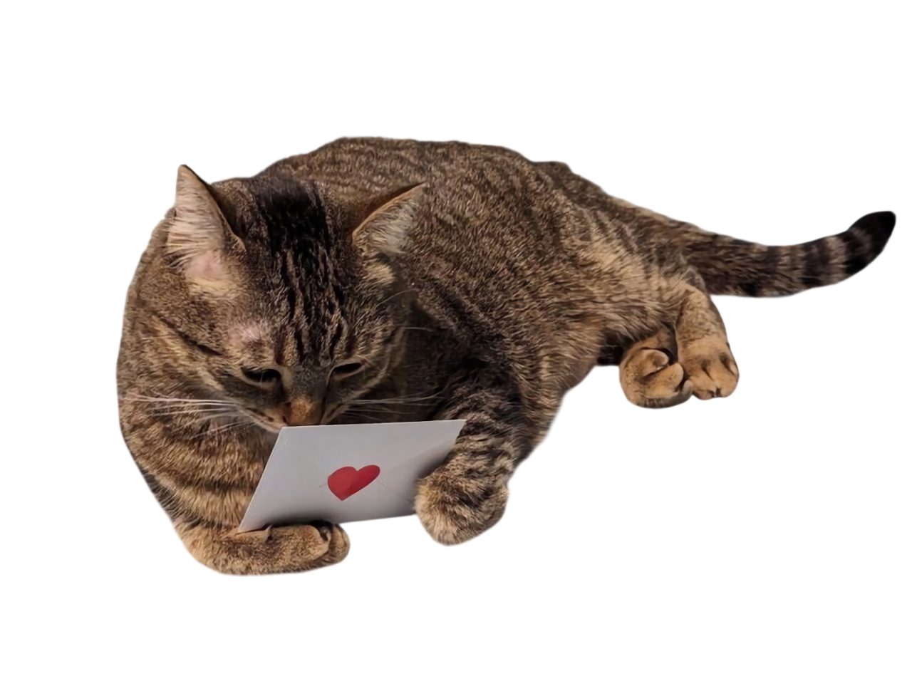A brown tabby cat lying on its side, holding a white note with a red heart, and appearing to read it.
