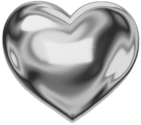 A metallic silver heart shaped sculpture or object