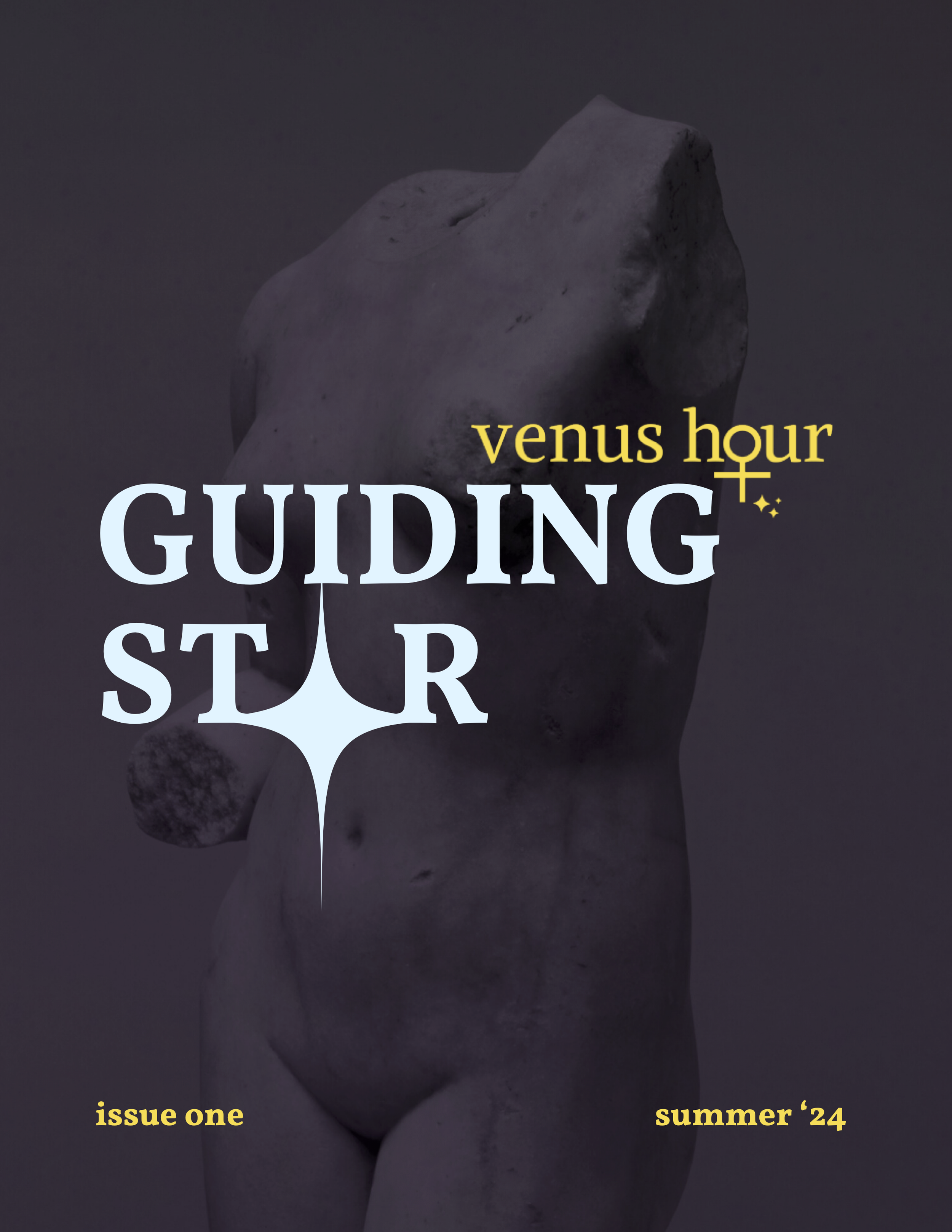 Cover of a magazine titled 'Guiding Star' with a dark background and a sculpted stone figure, featuring the text 'venus hour' in yellow and 'issue one summer '24' in yellow at the bottom.