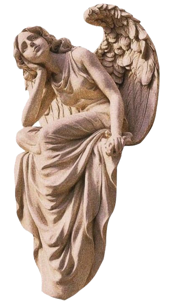 A stone sculpture of a pensive woman with angel wings, resting her head on her hand and sitting on a rock with flowing drapery.