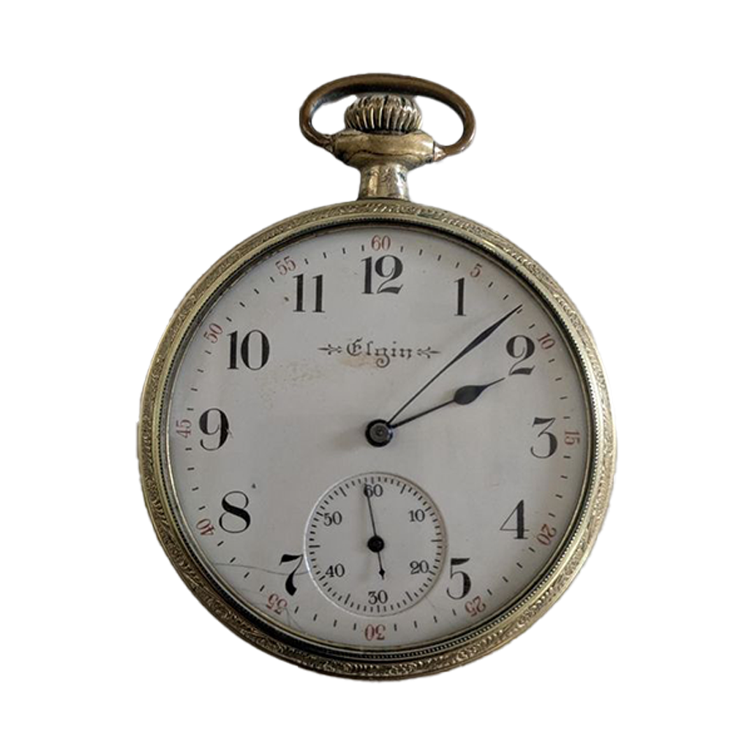 Vintage Elgin pocket watch showing the time as 1:07. The watch has a white face, black numerals, and a small seconds dial at the bottom.