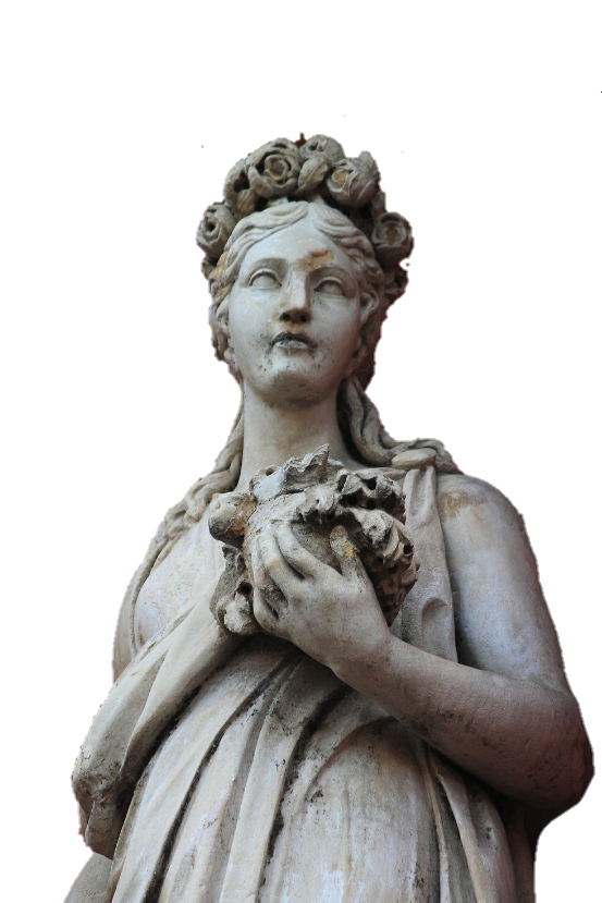 Statue of a woman with a floral crown holding a small animal close to her chest.