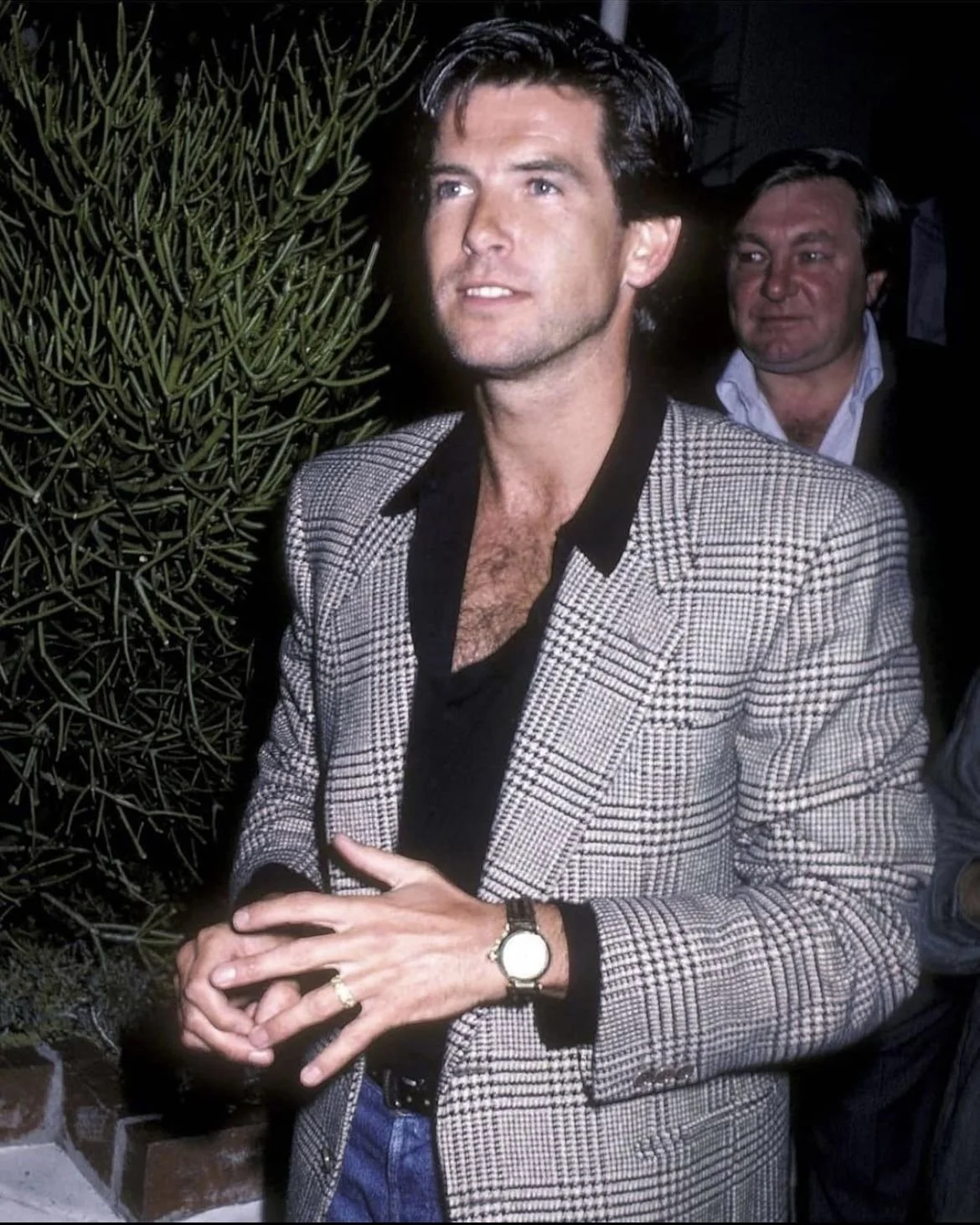 Pierce Brosnan dressed in a checked blazer over a black shirt, standing outdoors near a large plant, with another man in the background.