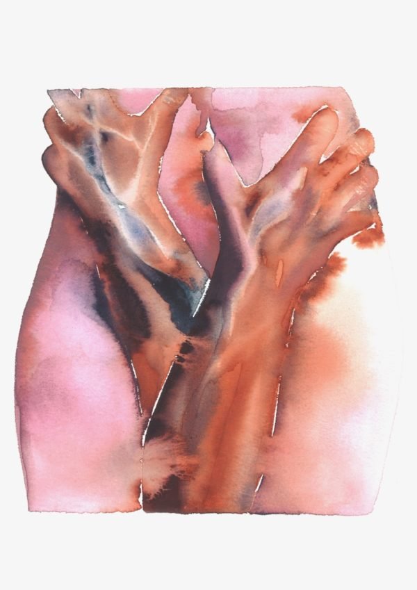 Watercolor painting of two hands intertwined, using shades of pink, brown, and black.