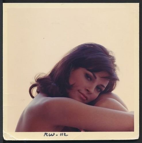 Raquel Welch resting her head on her arms, looking at the camera with a gentle smile.
