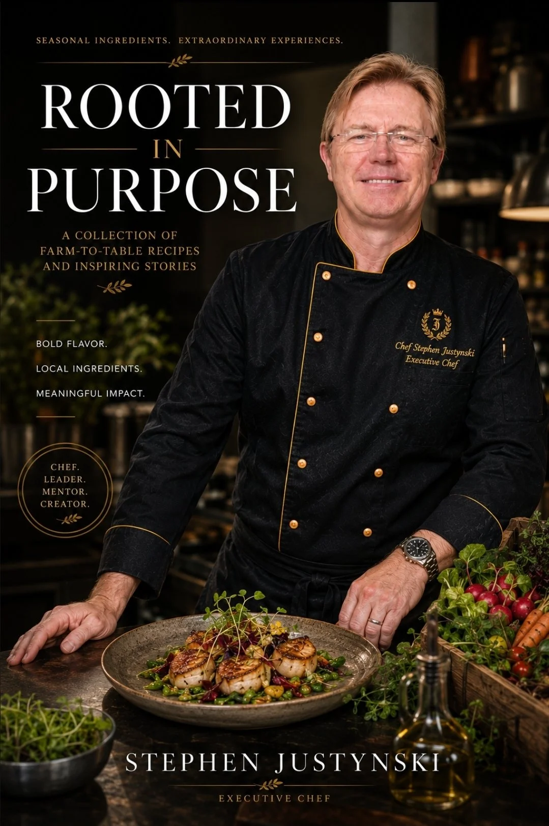 Book cover featuring chef Stephen Justynski in a black chef's coat with gold buttons, smiling and standing in a professional kitchen. The cover includes text about farm-to-table recipes, local ingredients, and inspiring stories with the title "Rooted