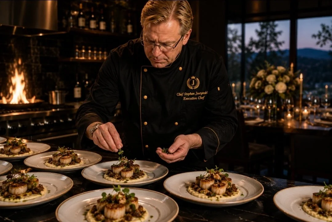 A chef in a black uniform with gold buttons decorating the plates of gourmet food with scallops and greens, in a restaurant with a fireplace and large windows showing a sunset and outdoor scenery.