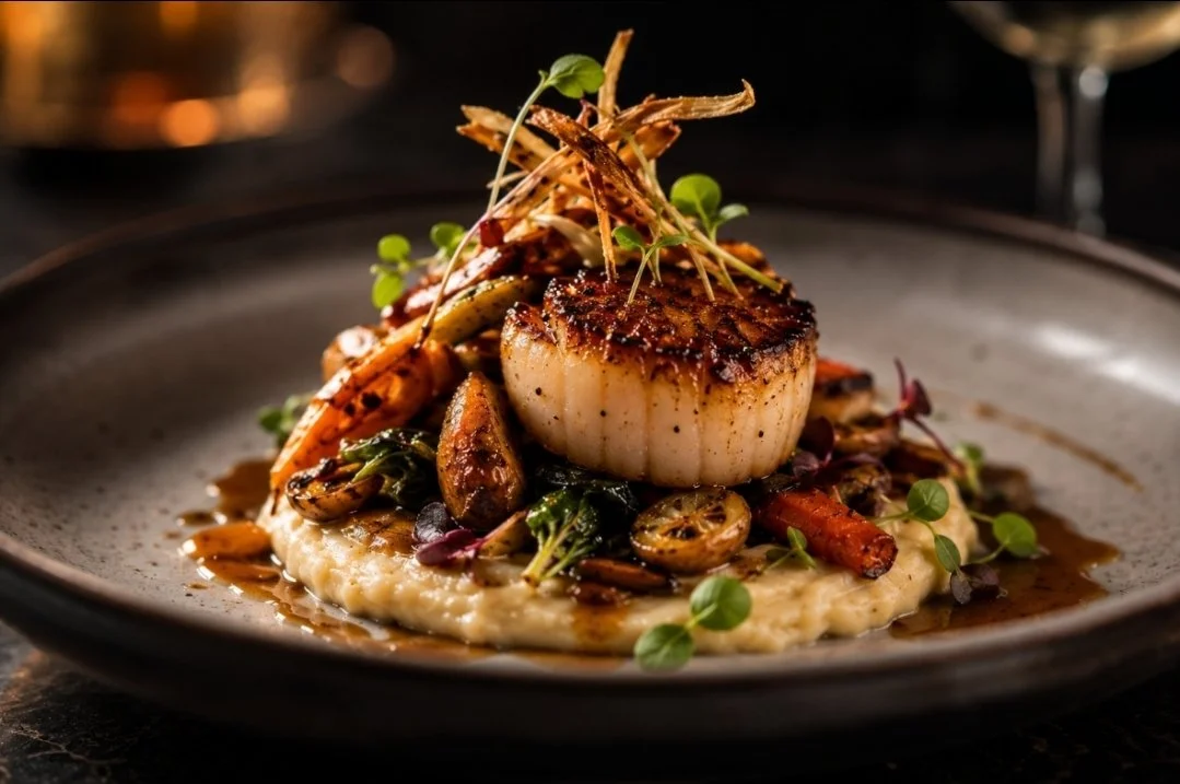 Seared scallop on bed of creamy mashed potatoes with grilled vegetables and microgreens garnished with a light sauce.