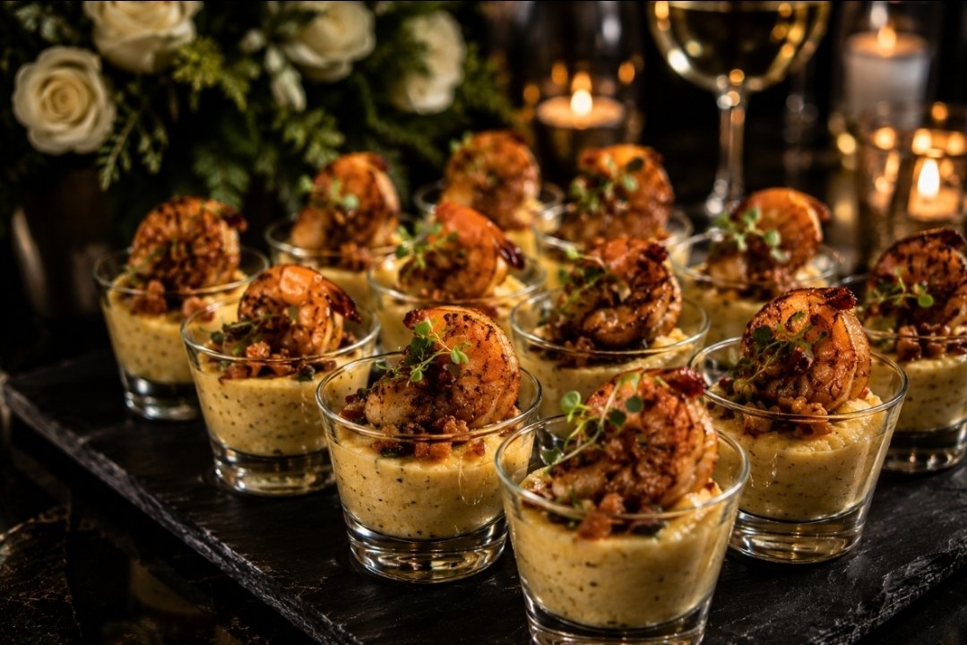 Appetizer glasses with shrimp on a bed of mashed potatoes, garnished with herbs, served on a black tray