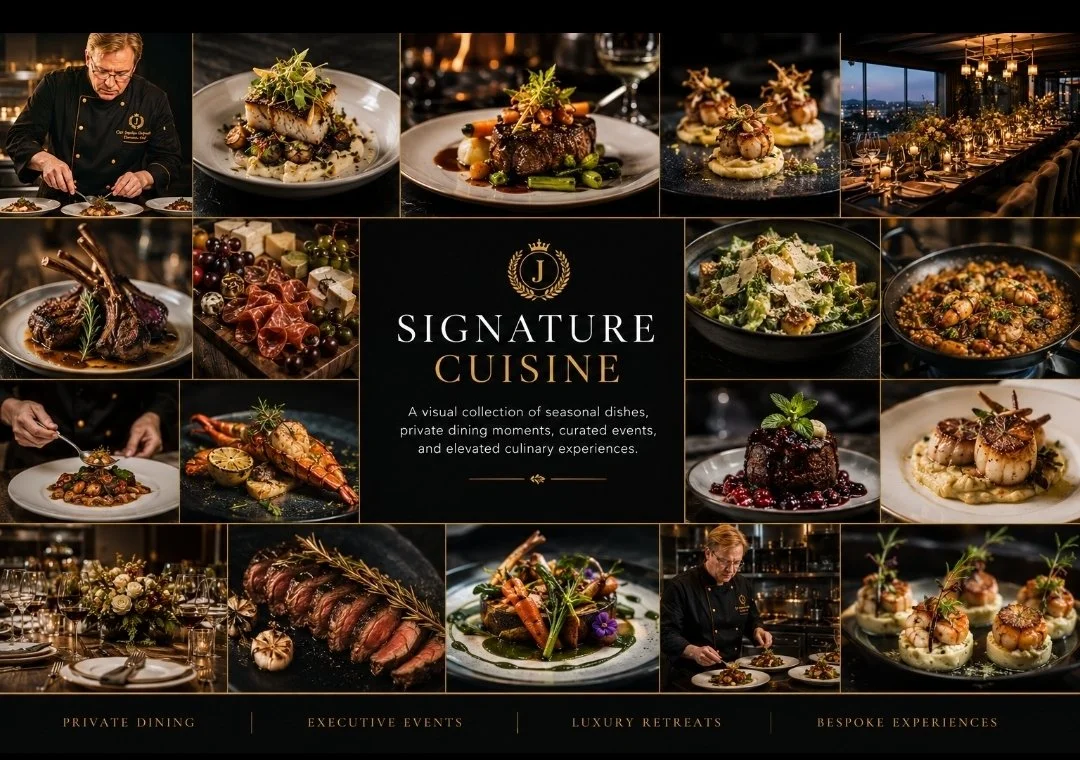 Collage of gourmet dishes, restaurant interior, chef preparing food, and a table set for private dining at Signature Cuisine.
