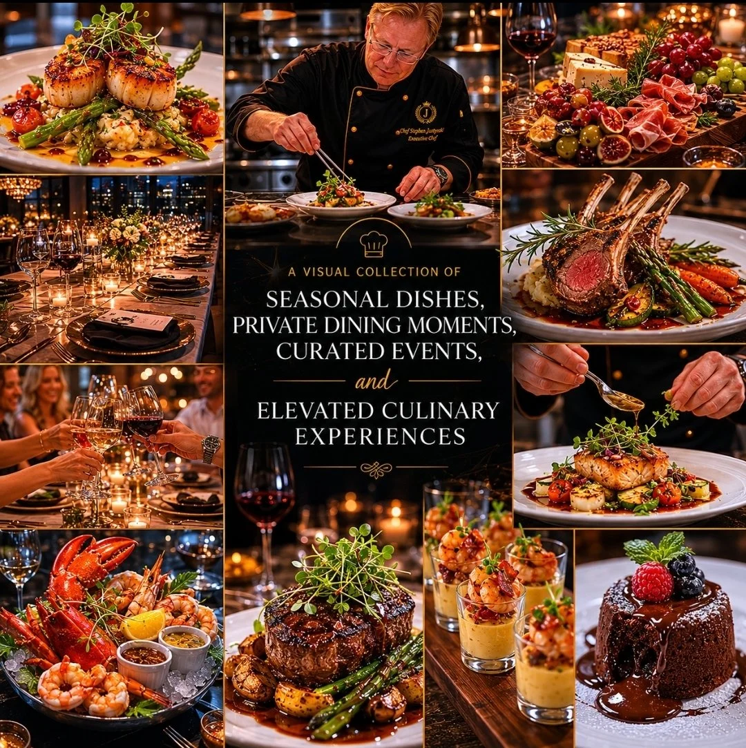 A collage of images featuring various gourmet dishes, a chef plating food, a dinner table set with wine glasses and candles, people clinking wine glasses, and desserts. The center text reads "A visual collection of seasonal dishes, private dining mom