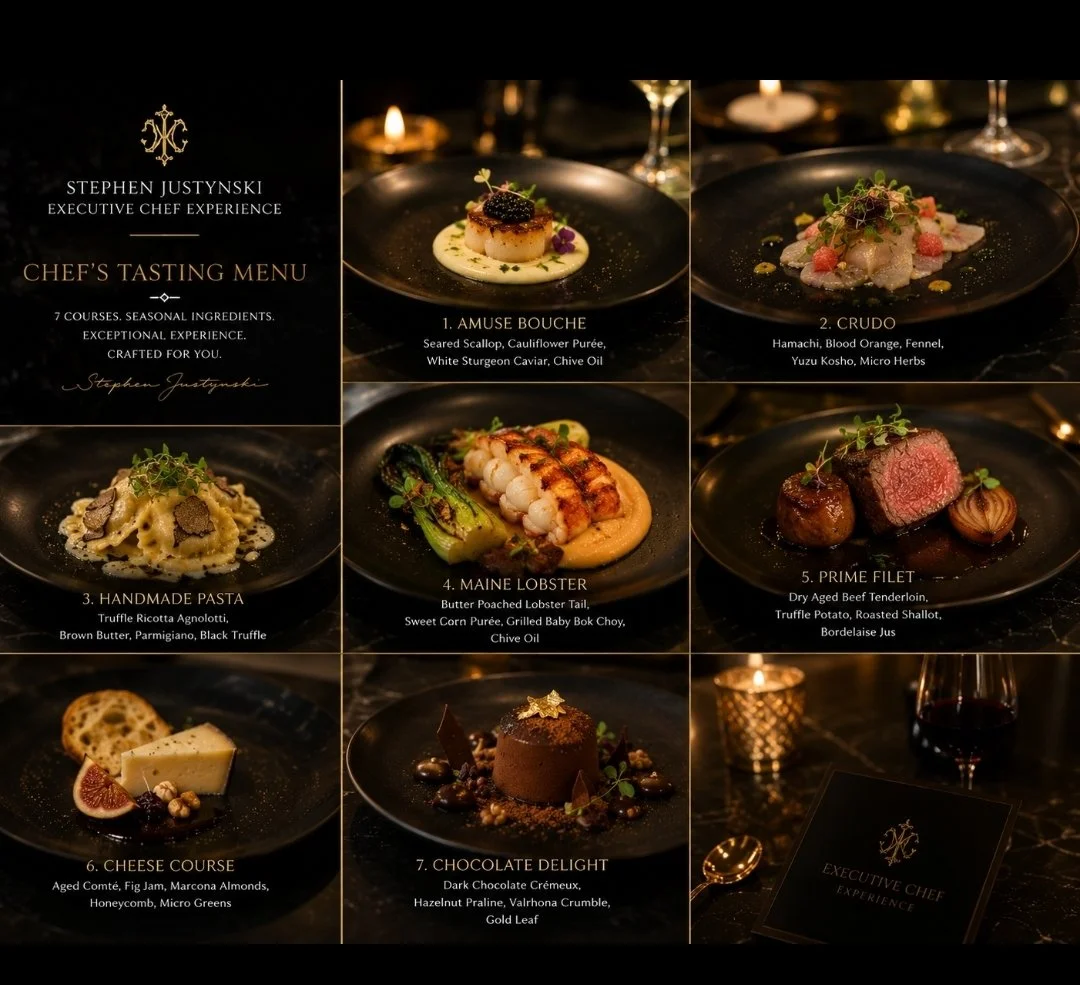 Chef's tasting menu featuring seven courses with dishes such as seared scallop, hamachi, ricotta agnolotti, lobster, beef tenderloin, cheese, and chocolate dessert, each with detailed descriptions, presented on black plates in a dimly lit setting.