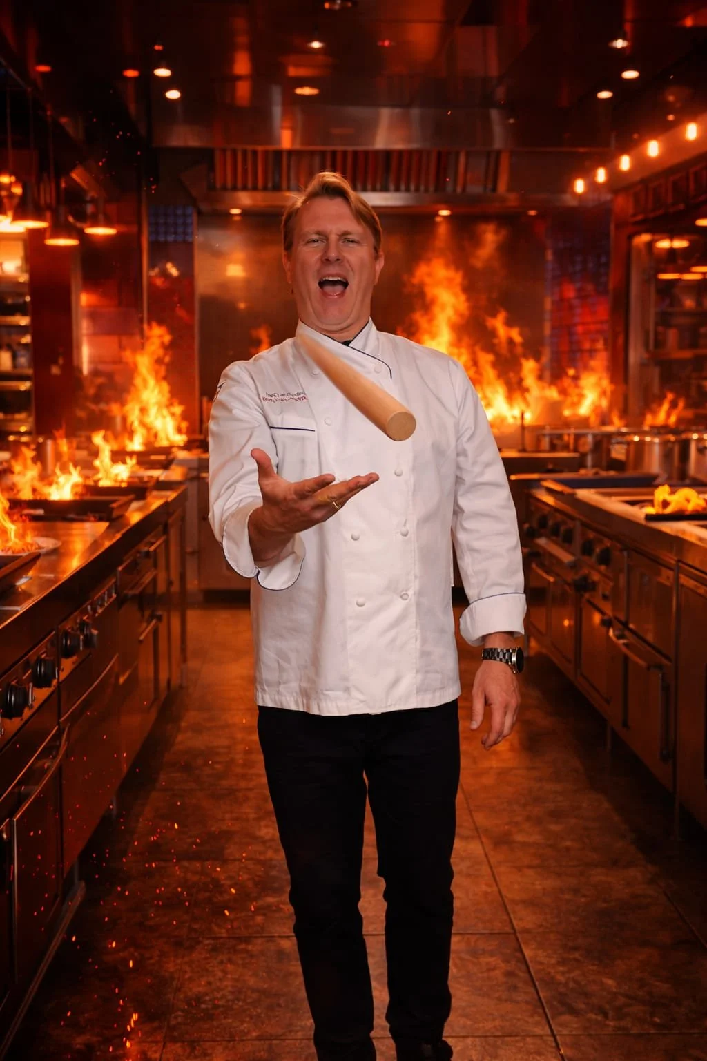 Chef in a restaurant kitchen with multiple fires behind him, wearing a white chef's coat, appearing to be in pain or distress.