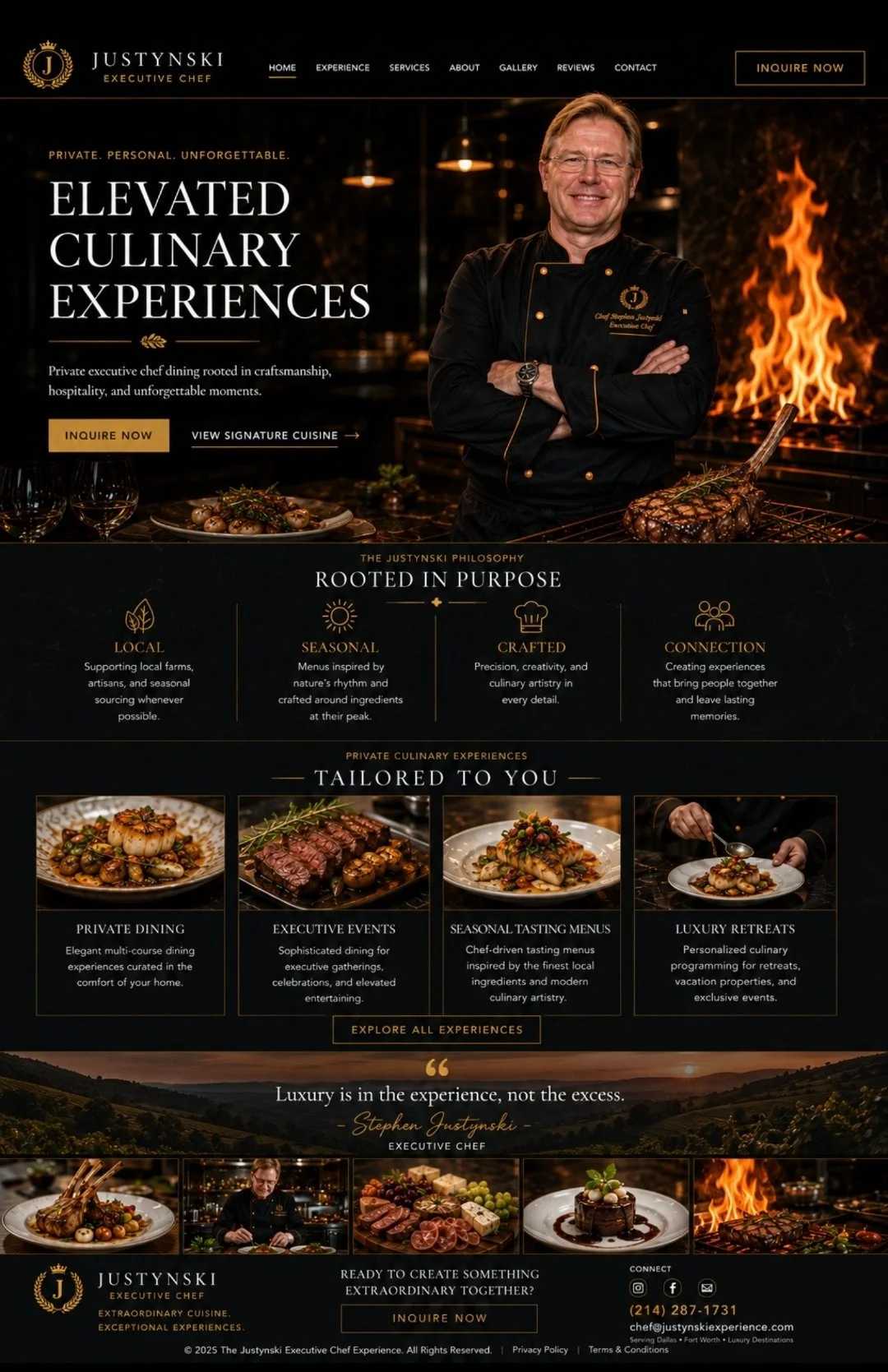 Homepage of The Justynski Executive Chef website featuring a chef smiling with arms crossed in a kitchen with flames on the stove, showcasing culinary experiences and services.