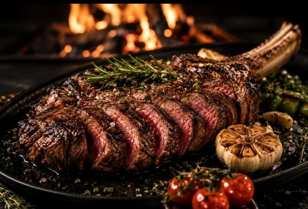 A cooked medium-rare tomahawk steak garnished with rosemary and garlic, served with cherry tomatoes on a black plate in front of a fire.