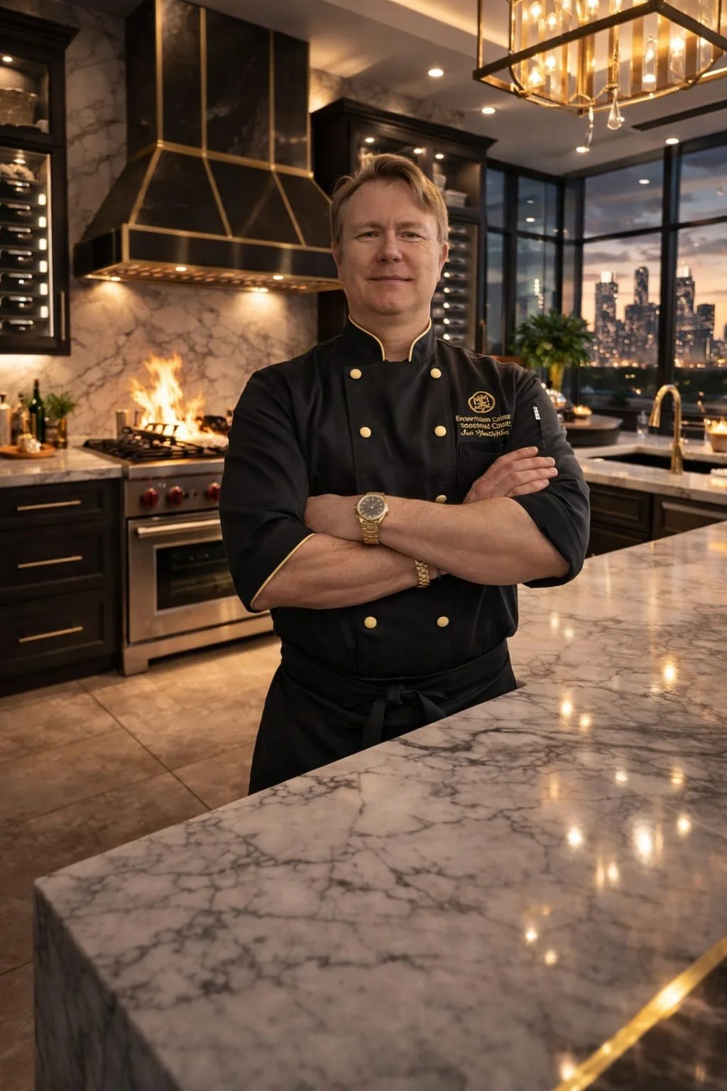 A male chef in a black chef's uniform standing with arms crossed in a modern kitchen, with a burning flame on the stove, marble countertops, large windows with city skyline view, and elegant lighting fixtures.