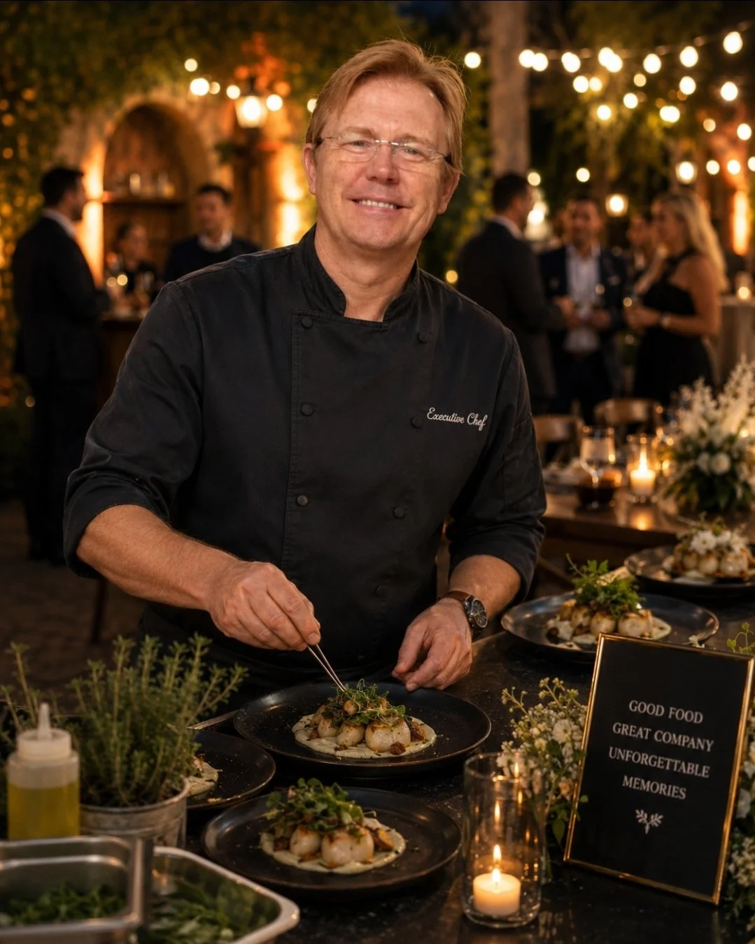 A smiling chef in black uniform plating food at an elegant outdoor event with guests in the background.