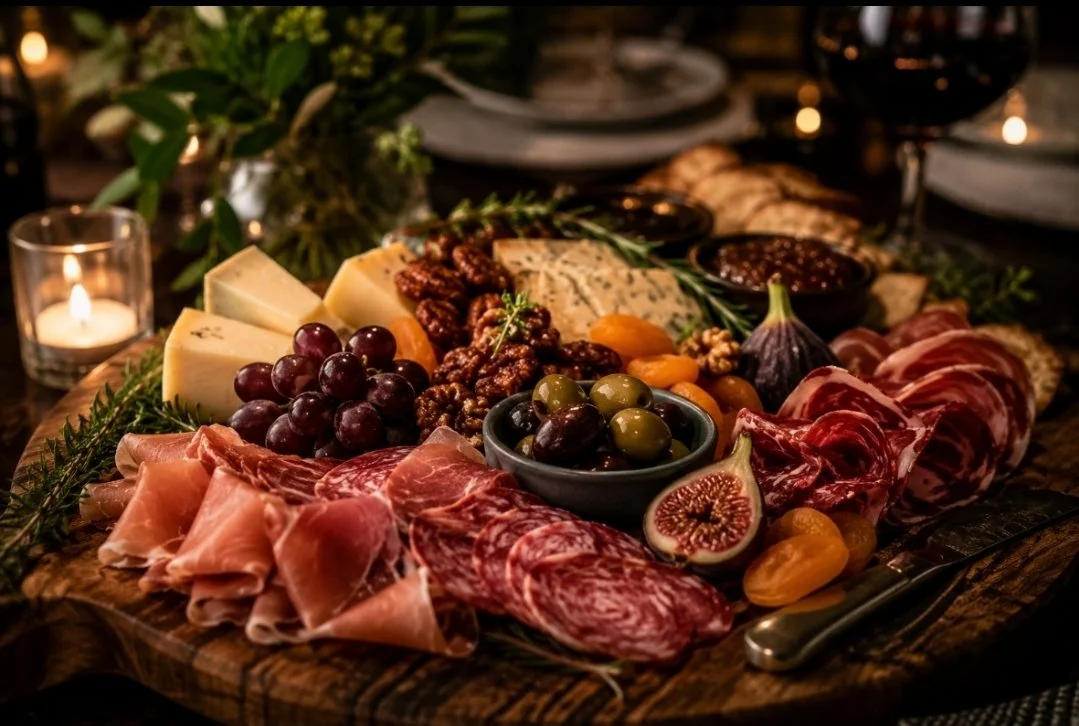 A charcuterie board with cheeses, cured meats, grapes, figs, nuts, and dips, surrounded by greenery and a lit candle.
