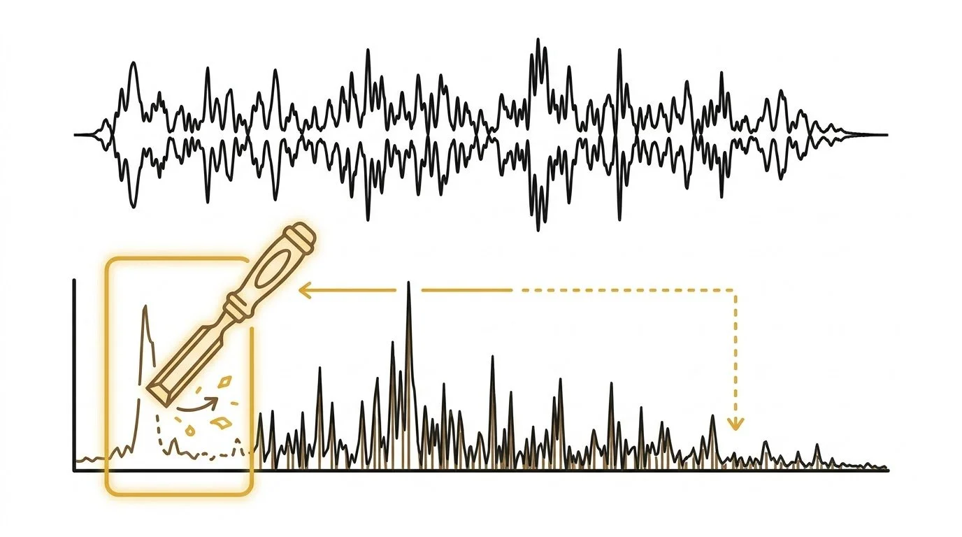 A waveform graph and a magnifying glass with an arrow pointing to a section, illustrating analysis of sound frequencies.