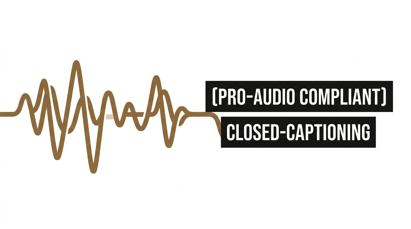 Audio waveform with labels '(Pro-Audio Compliant)' and 'Closed-Captioning' on a white background.