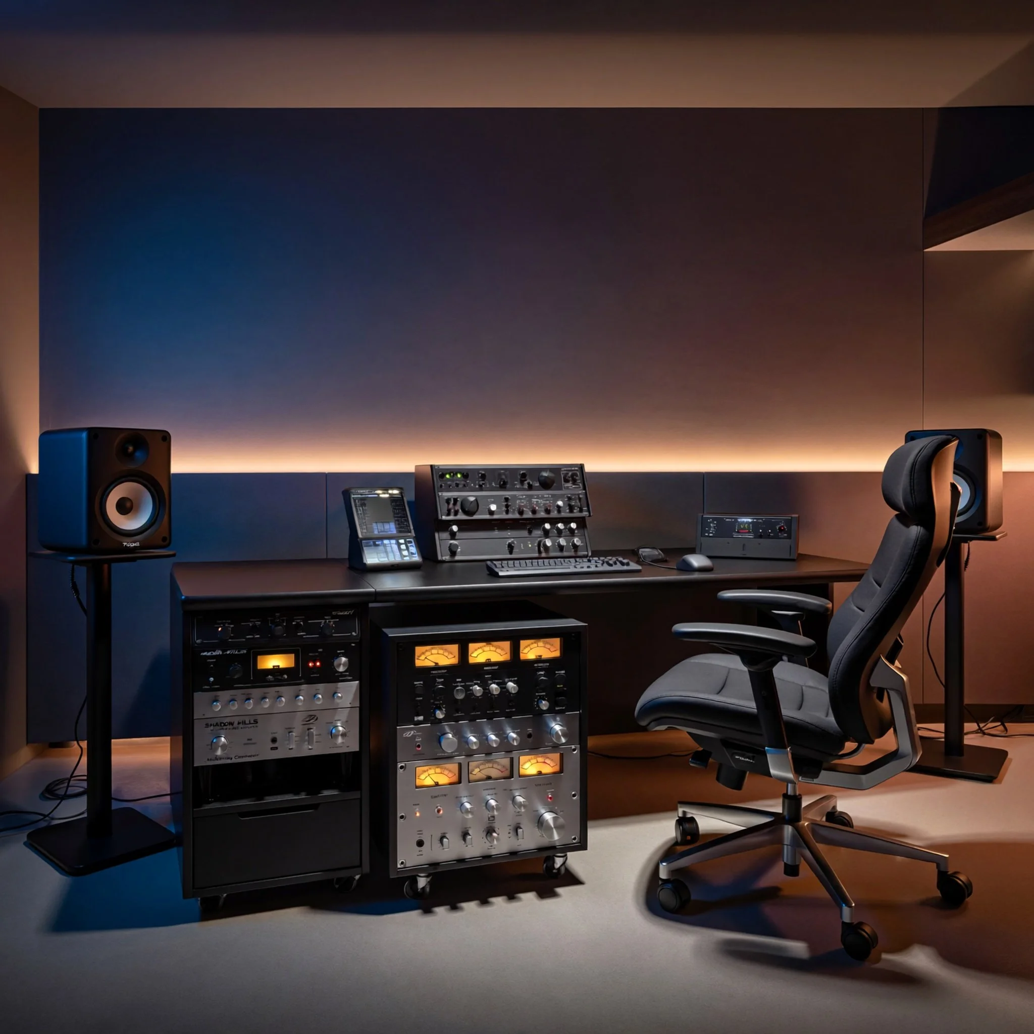A recording studio with a desk, audio equipment, studio monitors, headphones, and a leather office chair in front of a wall with ambient lighting.