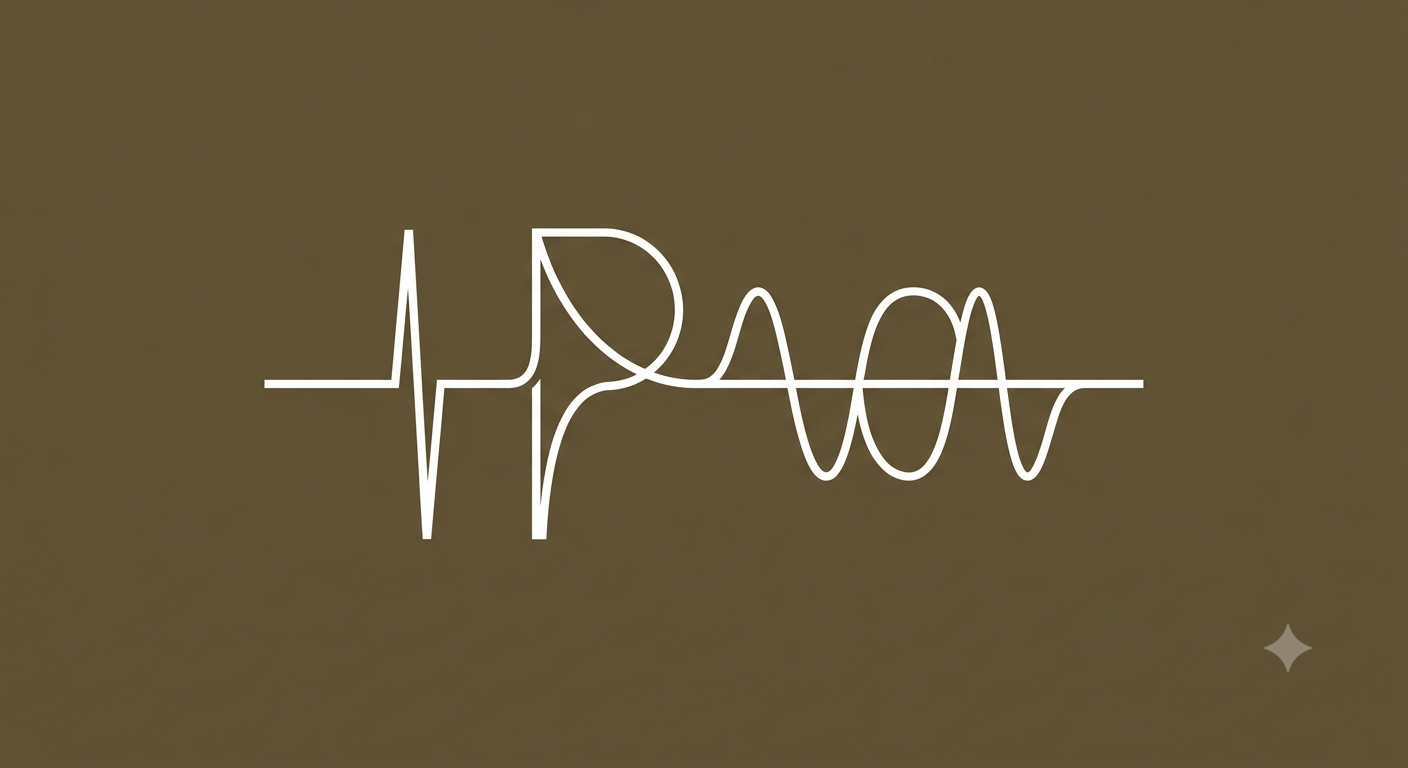 Stylized white line art of a heartbeat waveform on a brown background with a small star-shaped icon in the bottom right corner.
