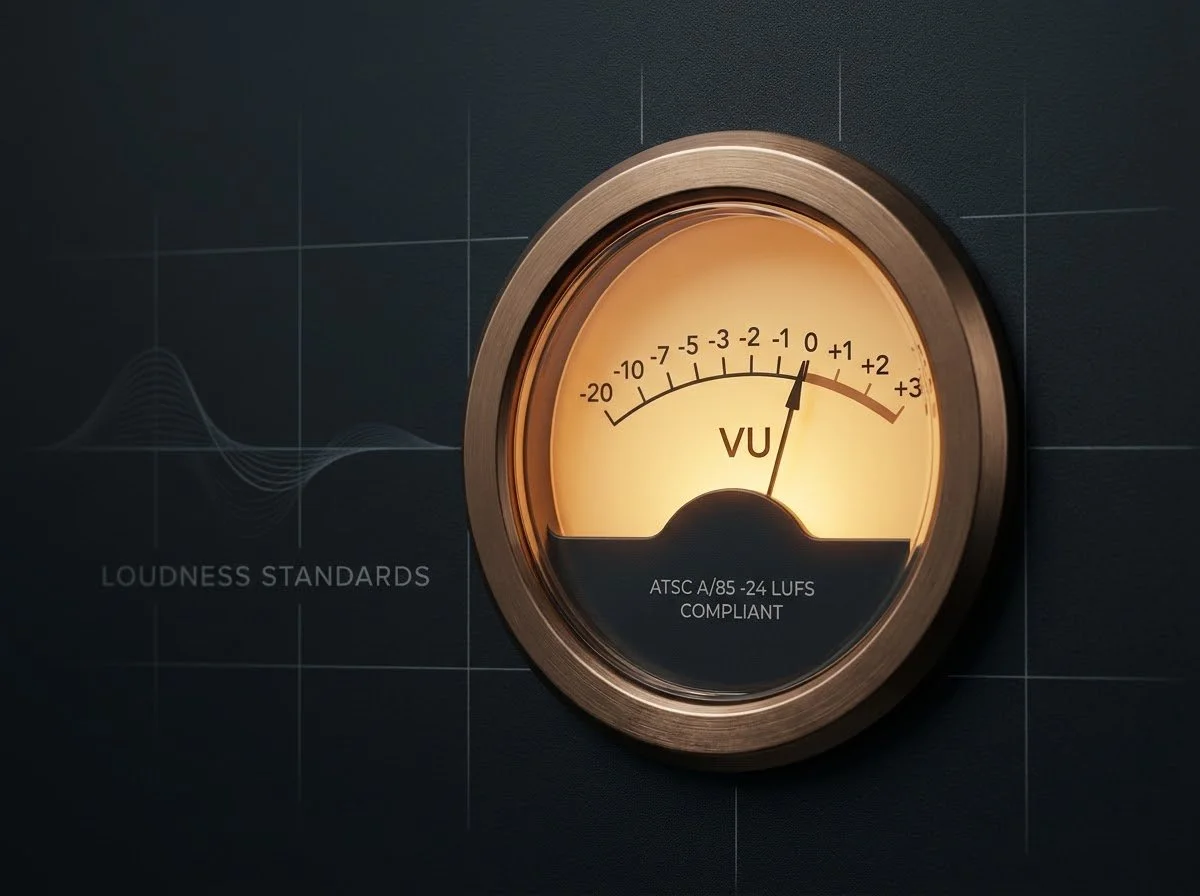 VU meter showing a level just above 0 on a vintage audio level gauge, with a background chart and the text "LOUDESTNESS STANDARDS".