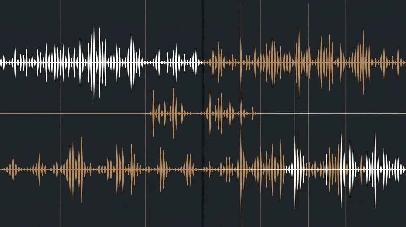 Audio waveform visualization with three tracks showing amplitude variations over time, with white and brown waveforms on a dark background.