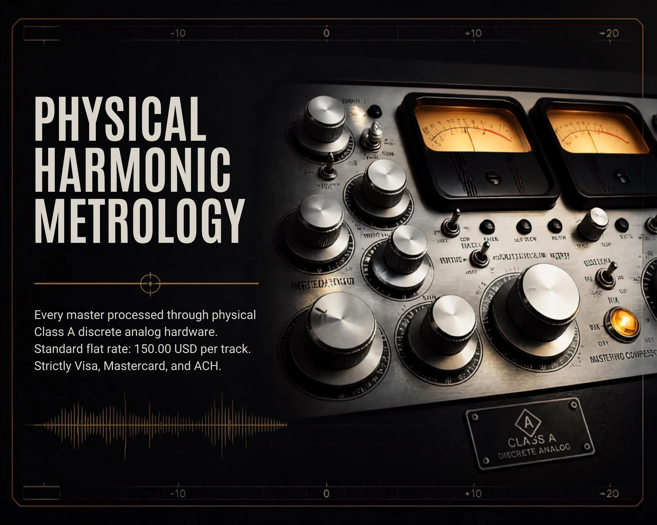 Close-up of a vintage audio equipment panel with various knobs and gauges, along with a label reading 'Physical Harmonic Metrology' and text about mastering through physical Class A discrete analog hardware, rate of 150 USD per track.